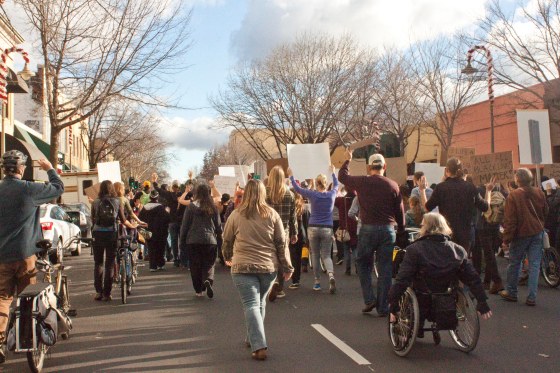 Marchers head for City Plaza on Broadway.