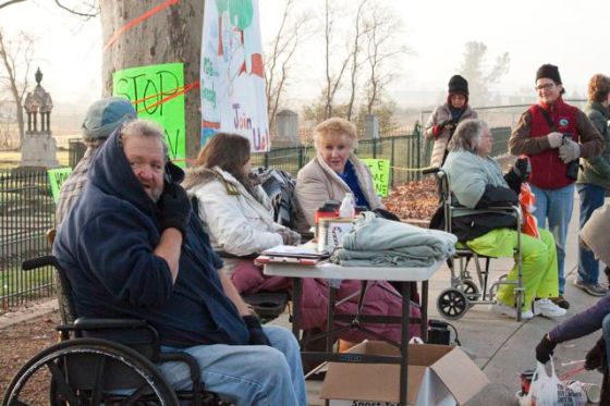 Some of the Save Oroville Trees people try and stay warm.
