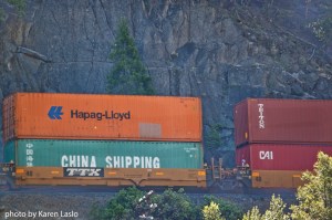 Cargo train running through the Feather River Canyon.
