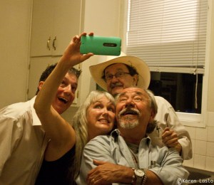 Aaron Standish, Liz Merry, Jim Hightower and Will Durst, goofin' off backstage.