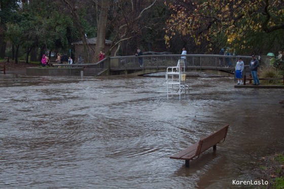 Chico Creek over flows Sycamore Pool at One Mile, Bidwell Park.