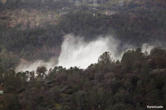 Water from the damaged Spillway is as high as the trees.